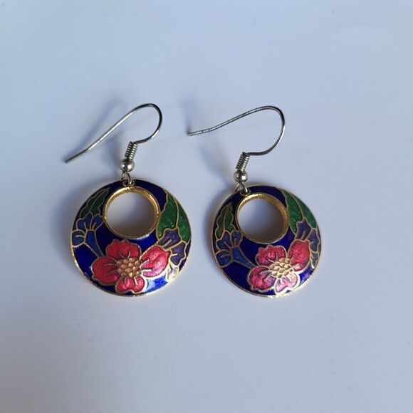 vintage cloisonne earrings on sterling silver hooks 1.5 in - Picture 2 of 4